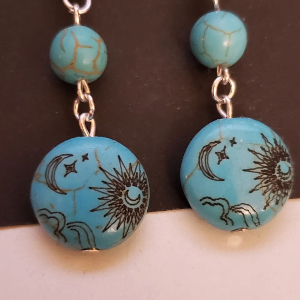 Handmade Boho Celestial Moon Star Turquoise Dangle Earrings - Picture 2 of 3